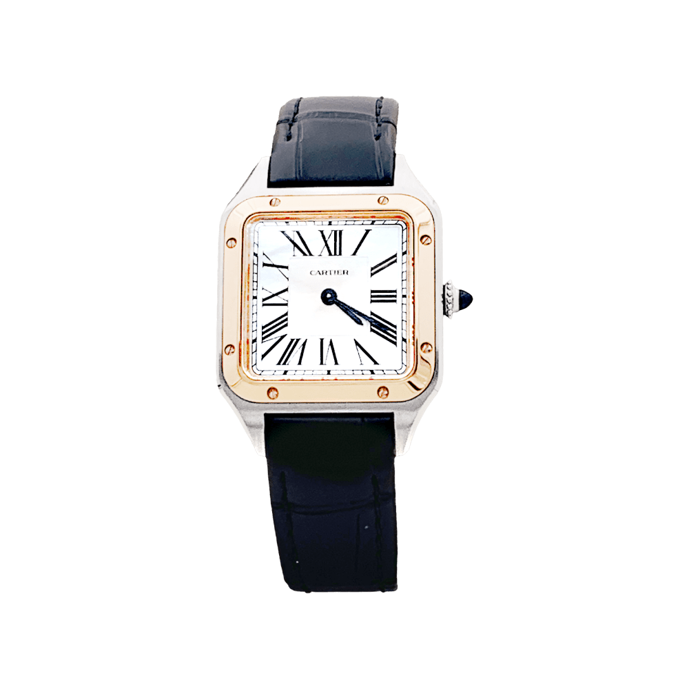 Montre Cartier, "Santos-Dumont", or, acier, cuir, occasion révisée et garantie. 