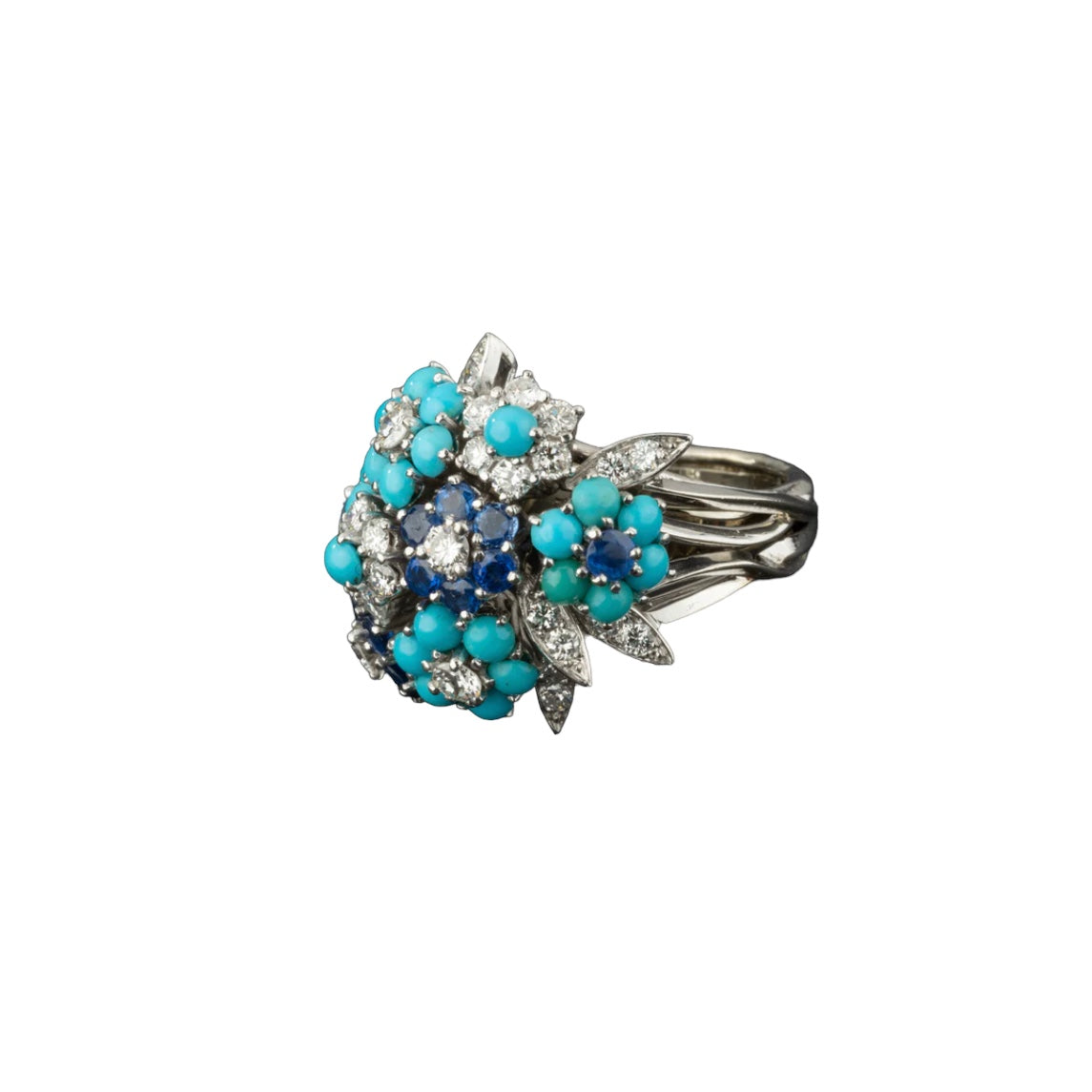 Bague bouquet en or et platine sertie de diamants, turquoises et saphirs. Alfred HANNE