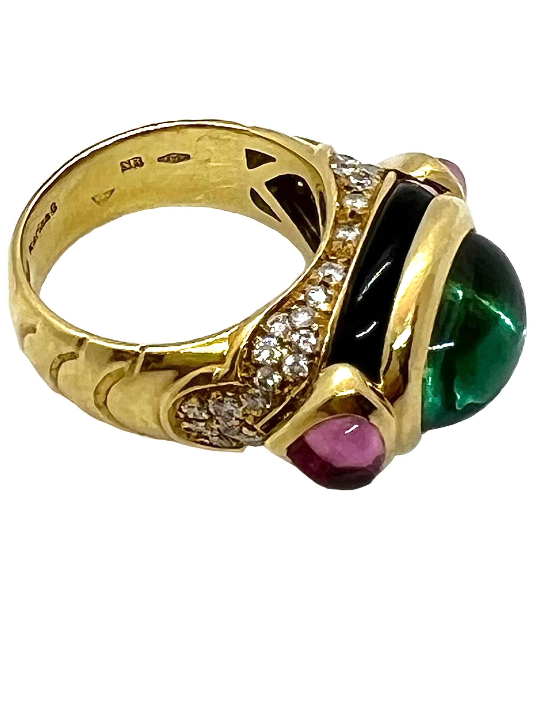 Marina B, 18K gold ring, Green Tourmaline, Pink Tourmaline, Diamonds and Onyx.