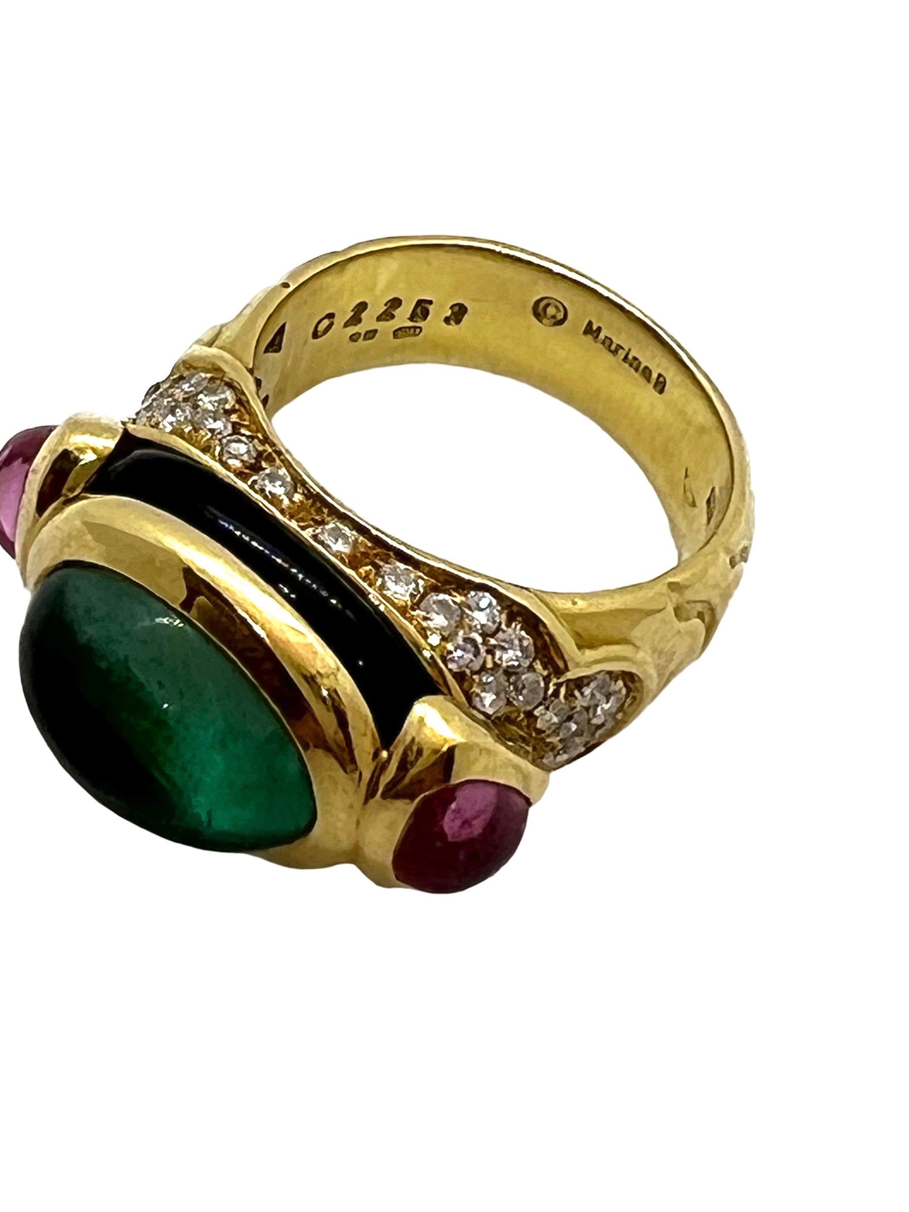 Marina B, 18K gold ring, Green Tourmaline, Pink Tourmaline, Diamonds and Onyx.