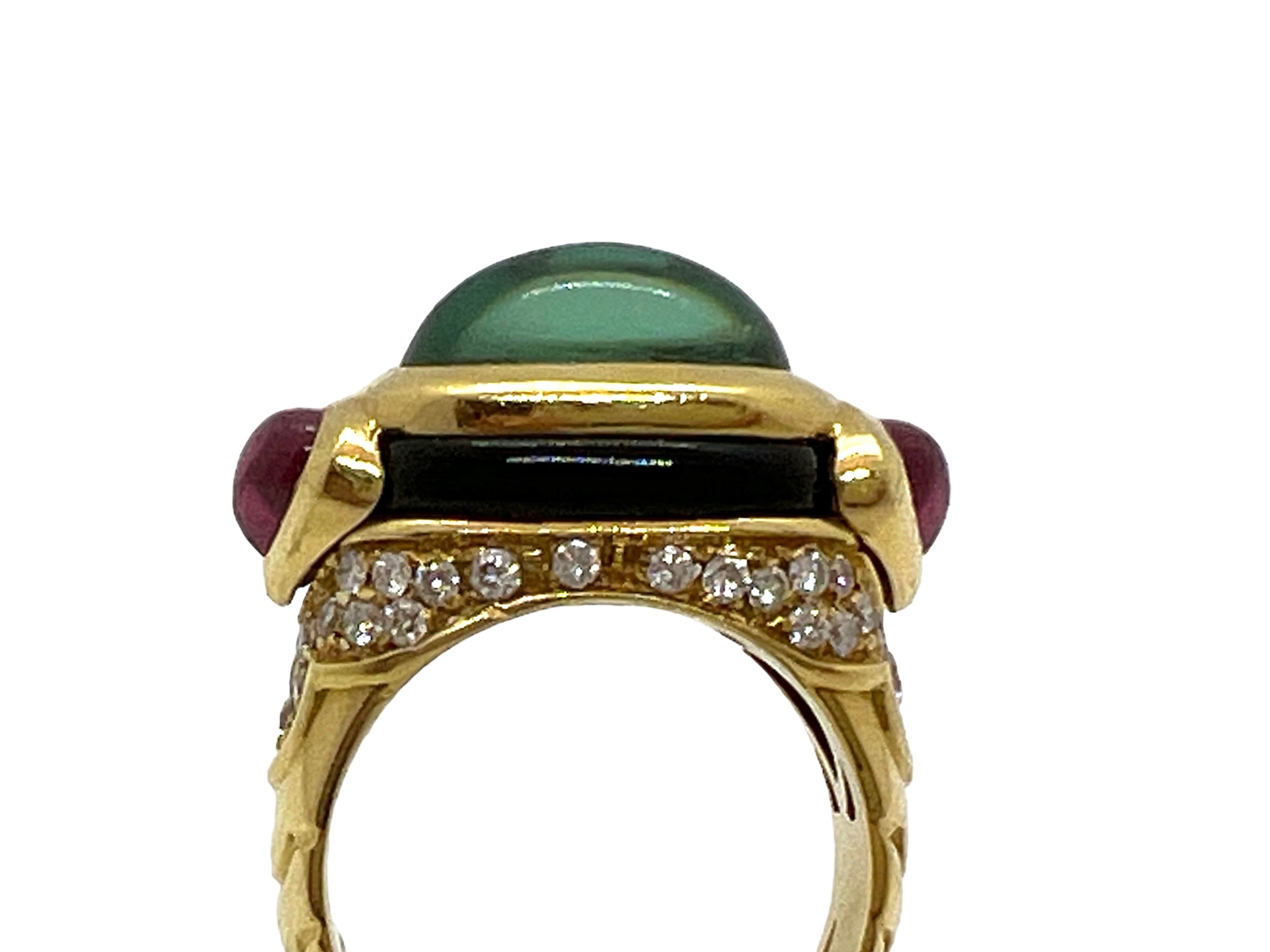 Marina B, 18K gold ring, Green Tourmaline, Pink Tourmaline, Diamonds and Onyx.