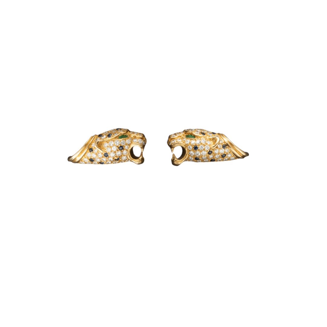 Gold, diamond, sapphire, and emerald earrings. GAY FRERES.