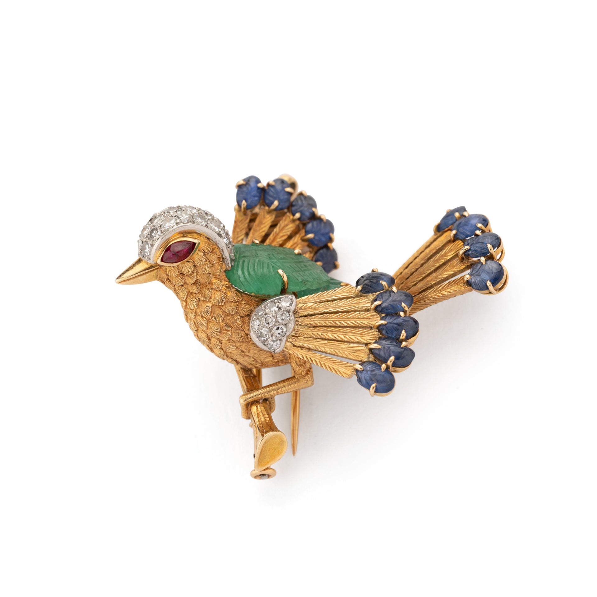Mauboussin Paris "trendy bird" brooch, in yellow gold, platinum, emerald, sapphire, ruby and diamonds