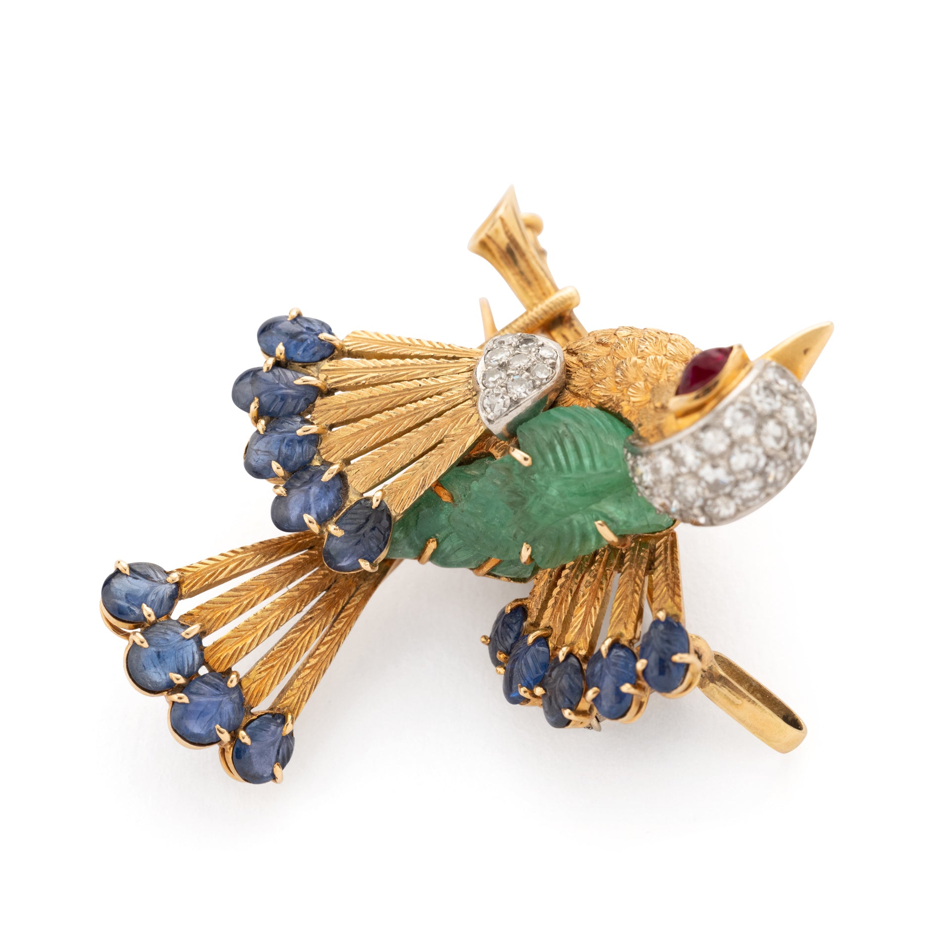 Mauboussin Paris "trendy bird" brooch, in yellow gold, platinum, emerald, sapphire, ruby and diamonds