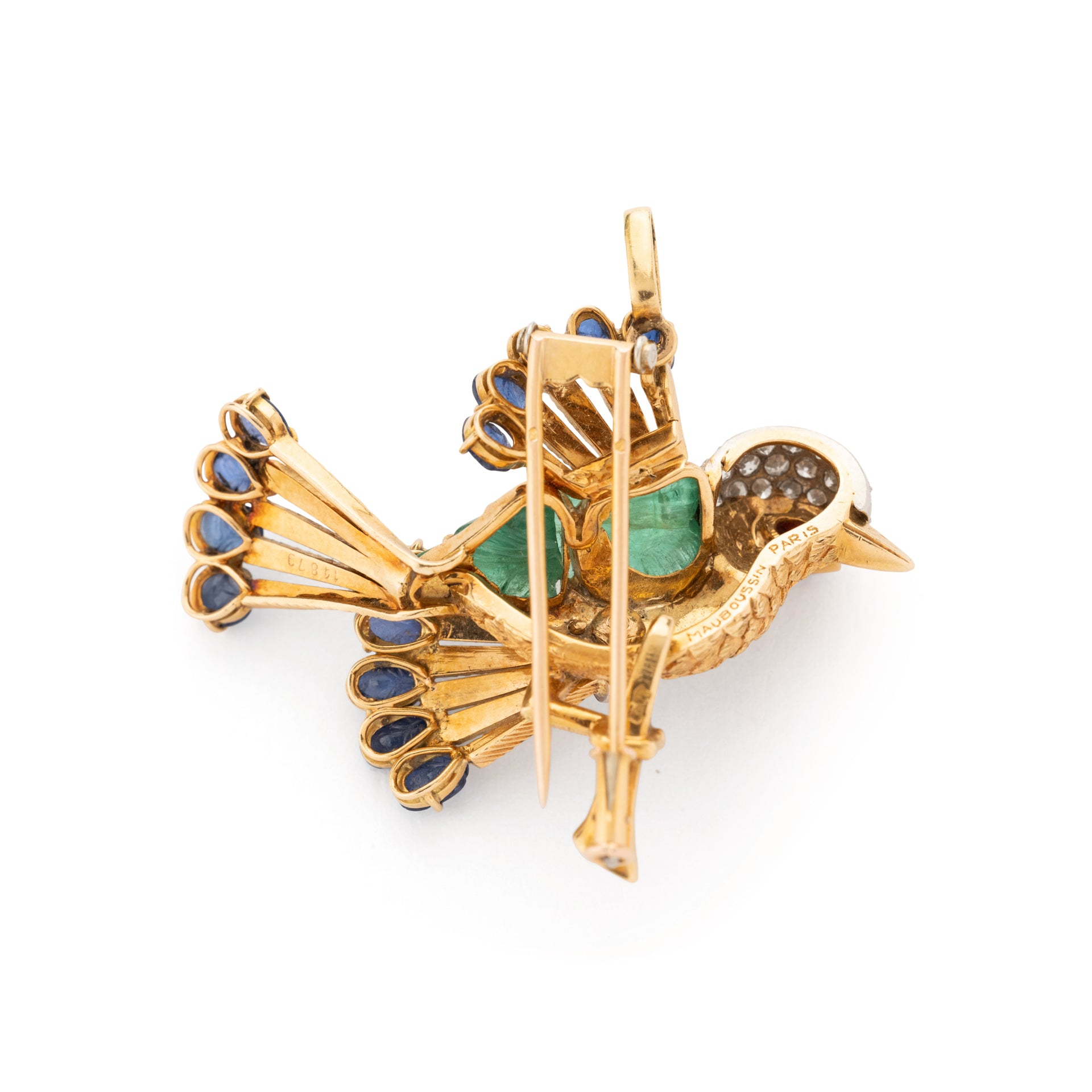 Mauboussin Paris "trendy bird" brooch, in yellow gold, platinum, emerald, sapphire, ruby and diamonds