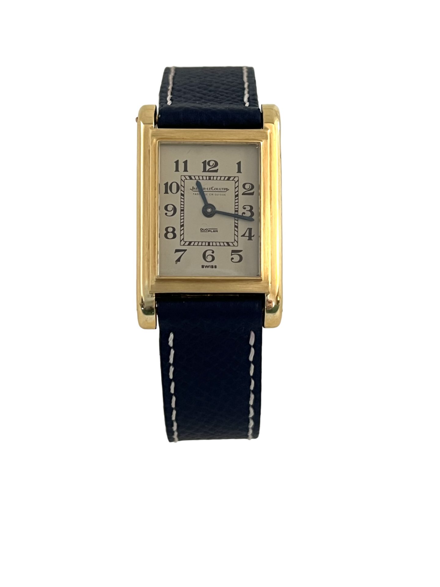 Jaeger Lecoultre, Montre Duoplan en or sur cuir.