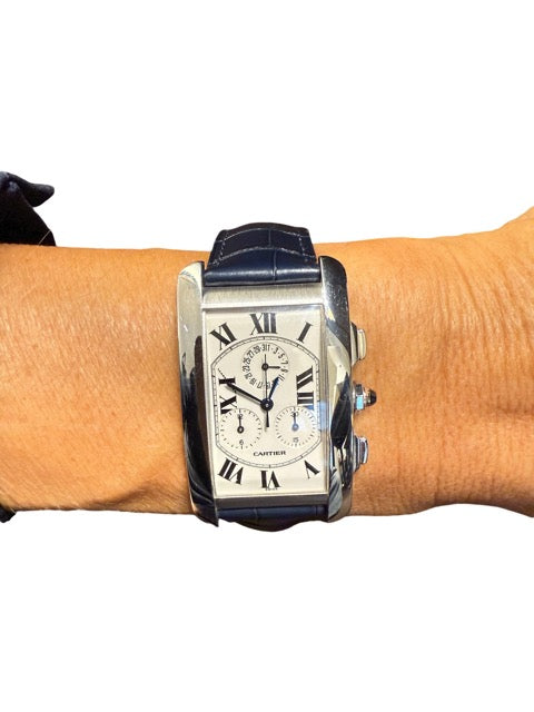 Cartier Tank Américaine quartz watch, white gold on leather