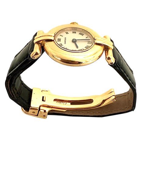 Cartier montre "Colisée" en or jaune sur bracelet crocodile noir vintage - Maison Eloe