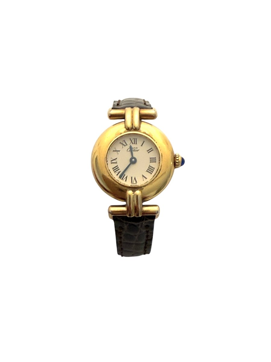 Cartier montre "Must Colisée", plaqué or sur bracelet crocodile marron - Maison Eloe