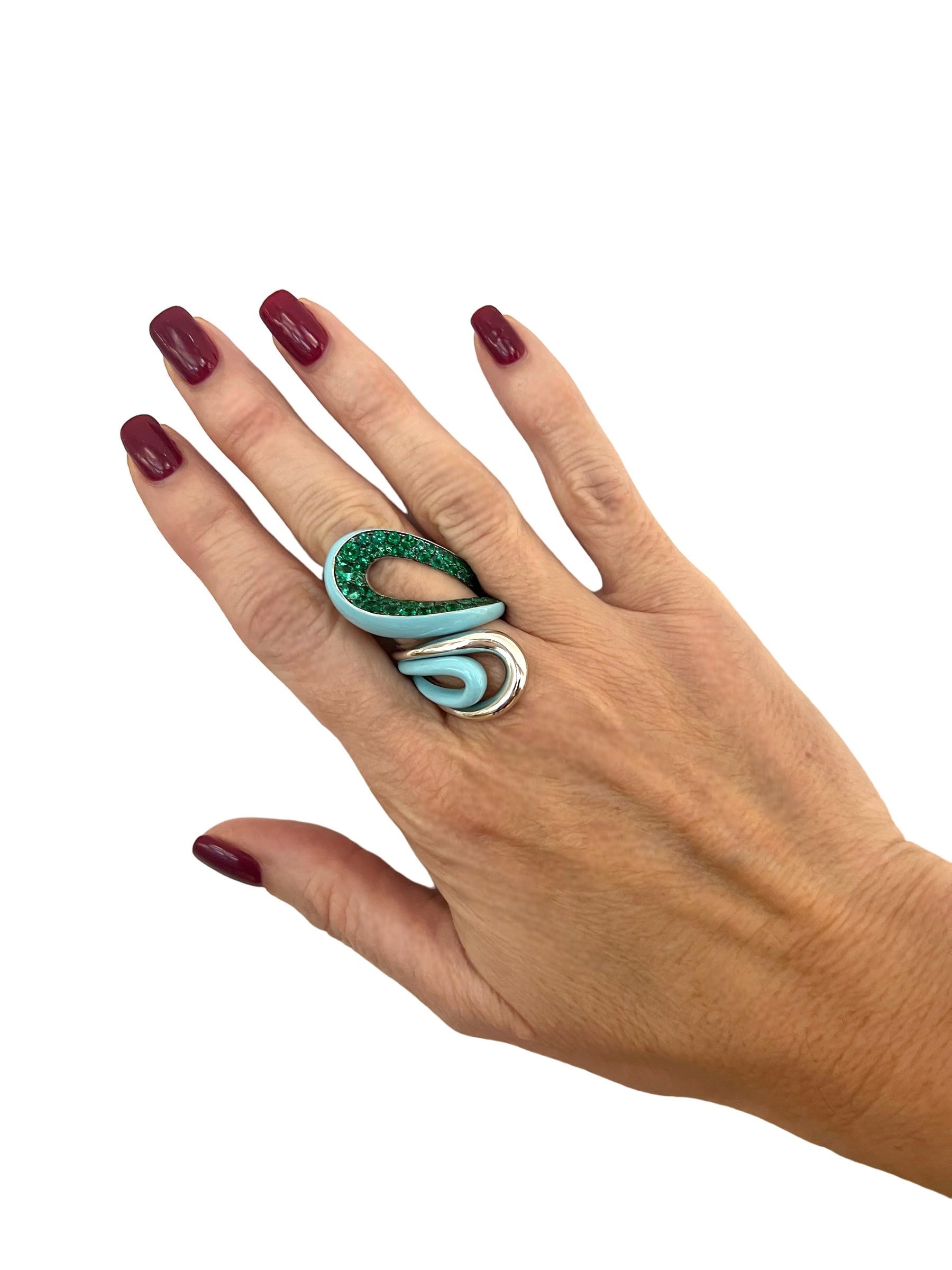 Fawaz Gruosi, palladium-plated white gold, emerald and turquoise ceramic ring