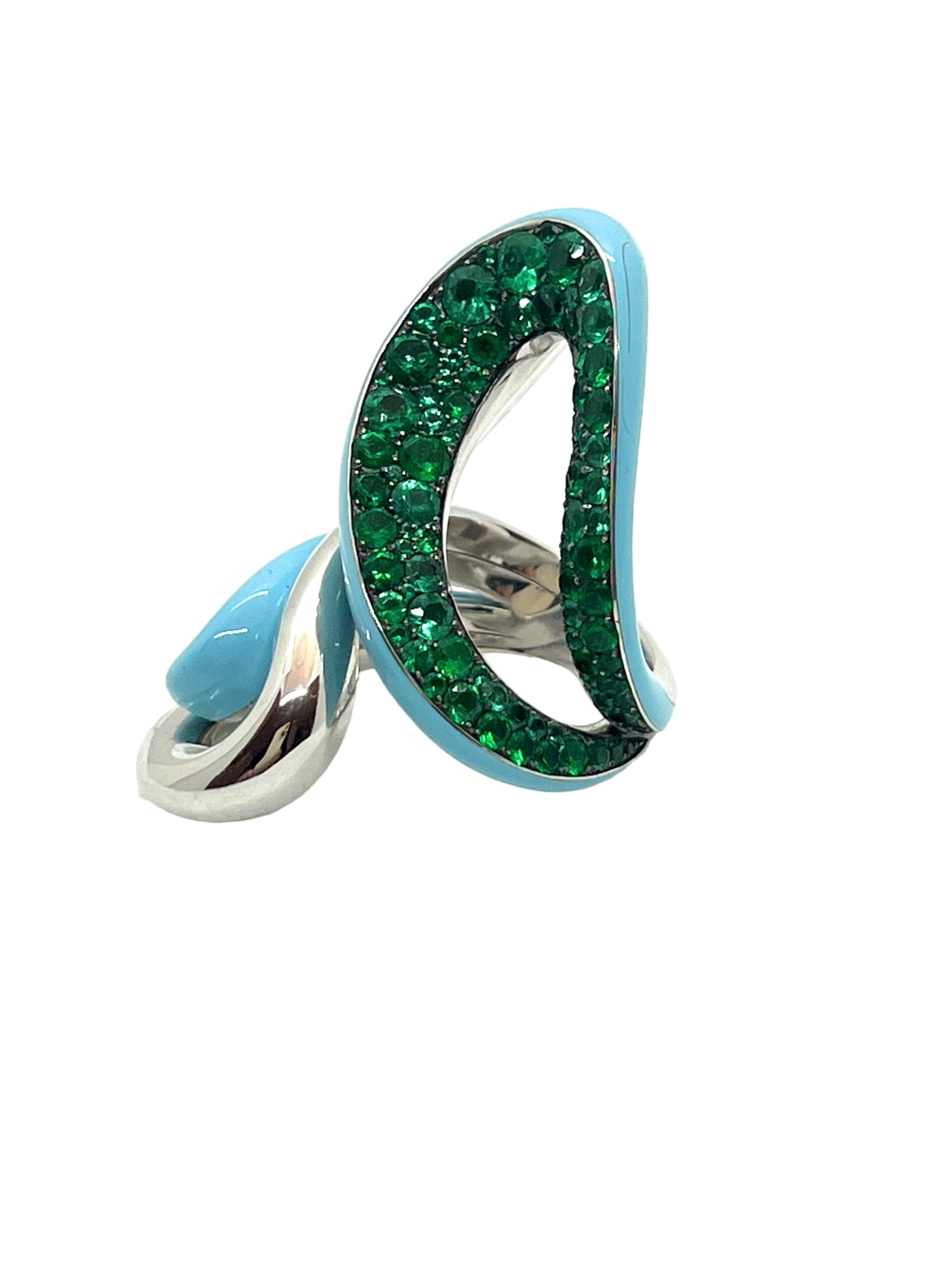 Fawaz Gruosi, palladium-plated white gold, emerald and turquoise ceramic ring