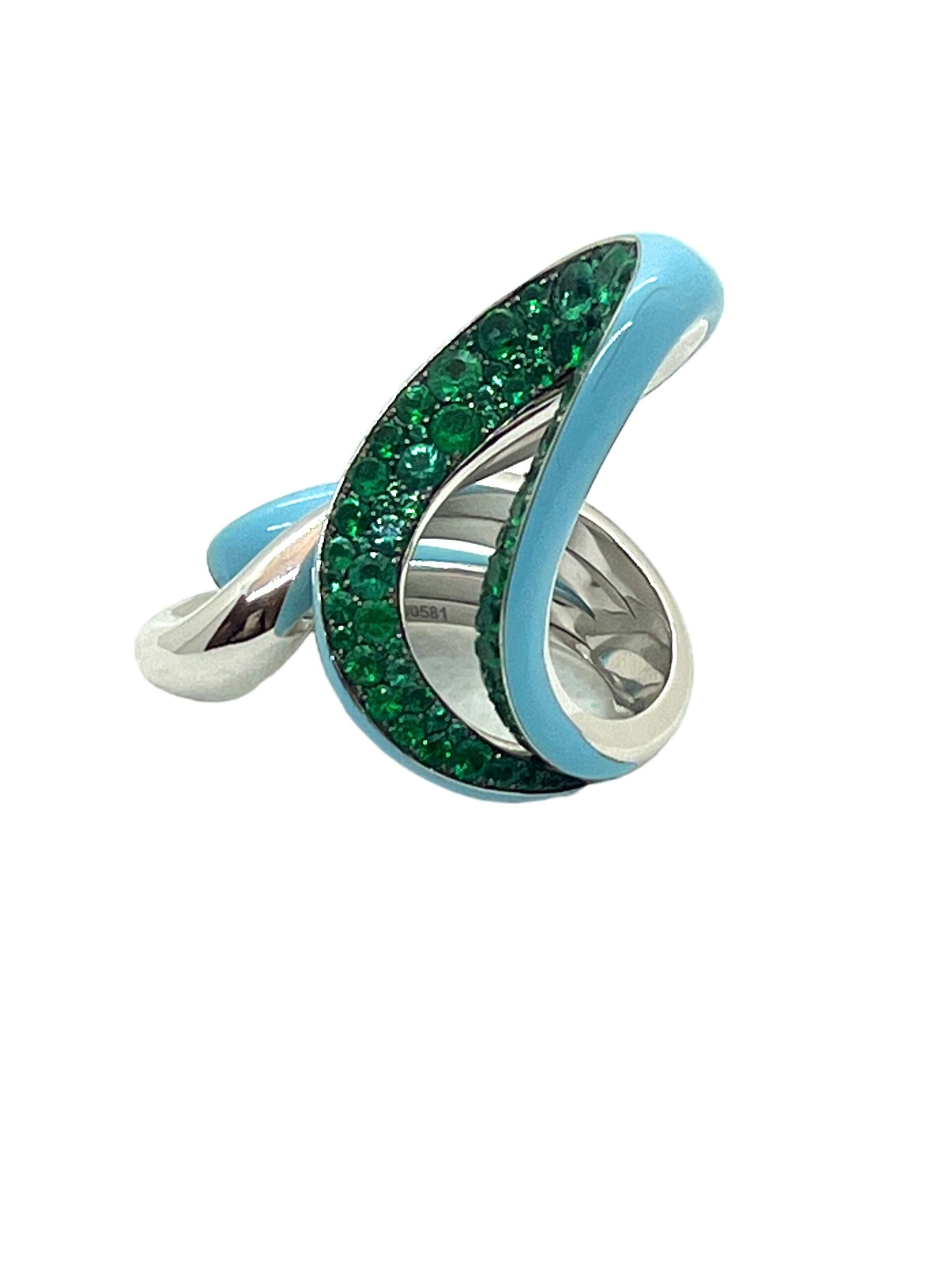 Fawaz Gruosi, palladium-plated white gold, emerald and turquoise ceramic ring