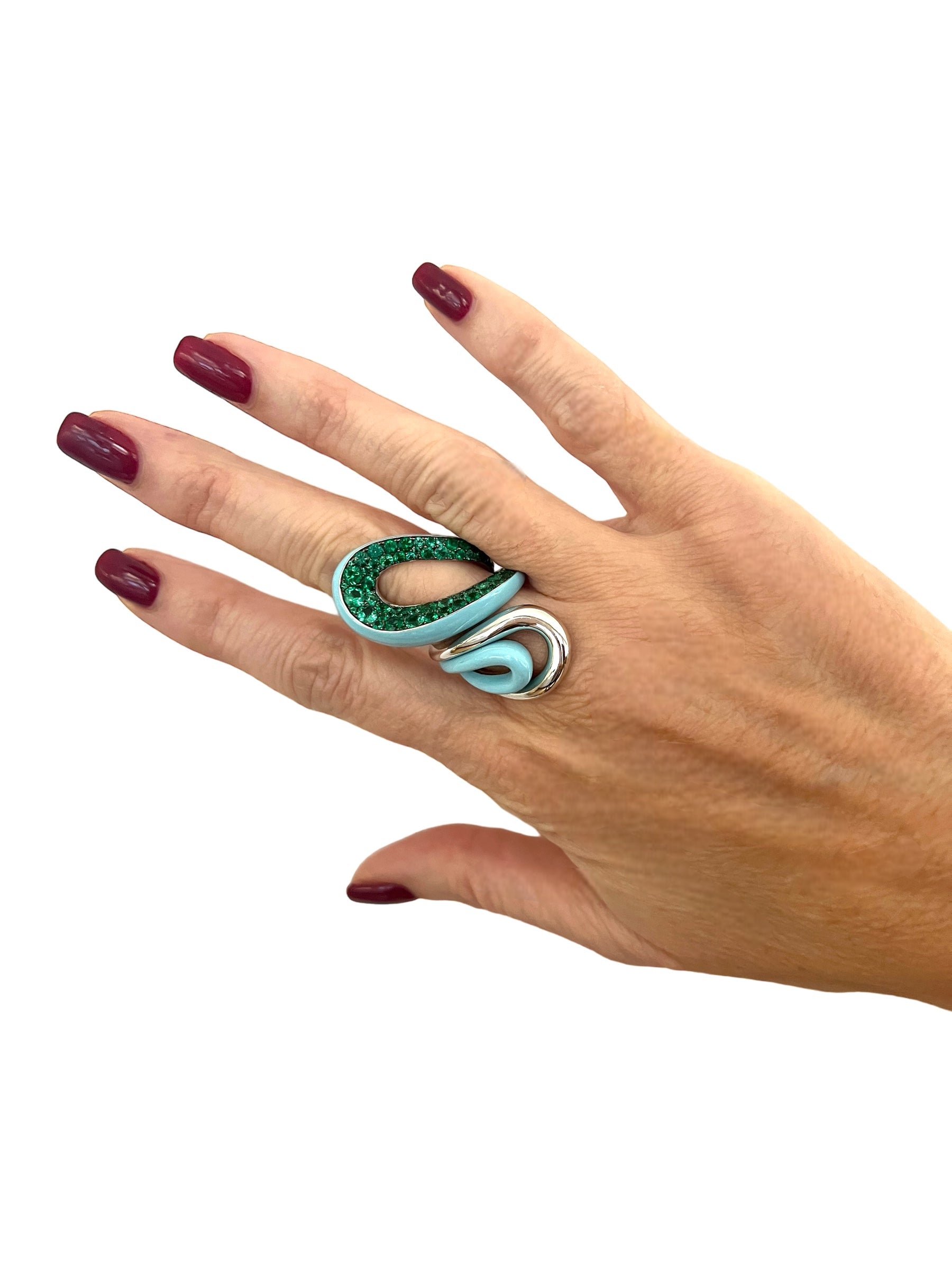 Fawaz Gruosi, palladium-plated white gold, emerald and turquoise ceramic ring