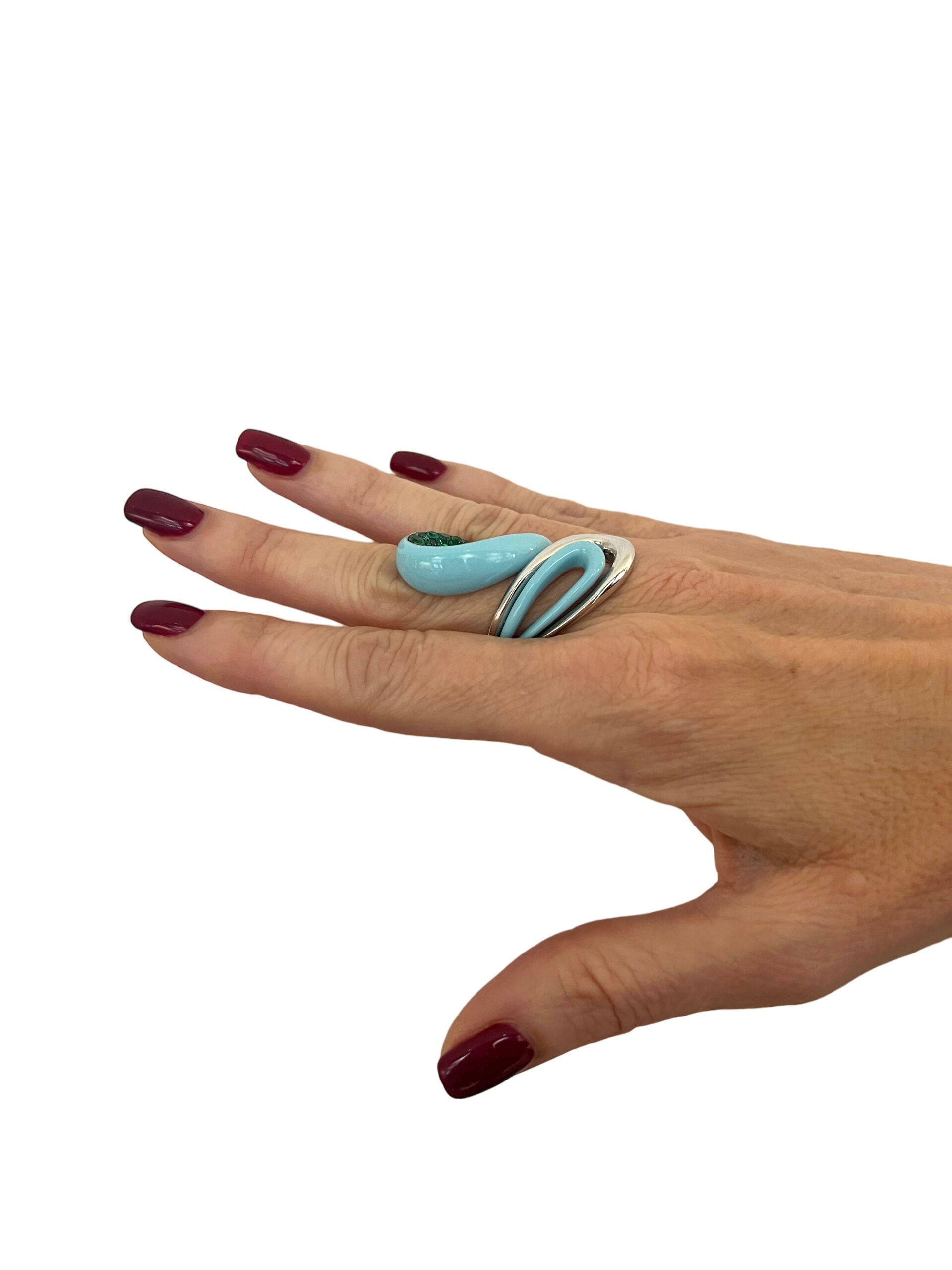 Fawaz Gruosi, palladium-plated white gold, emerald and turquoise ceramic ring