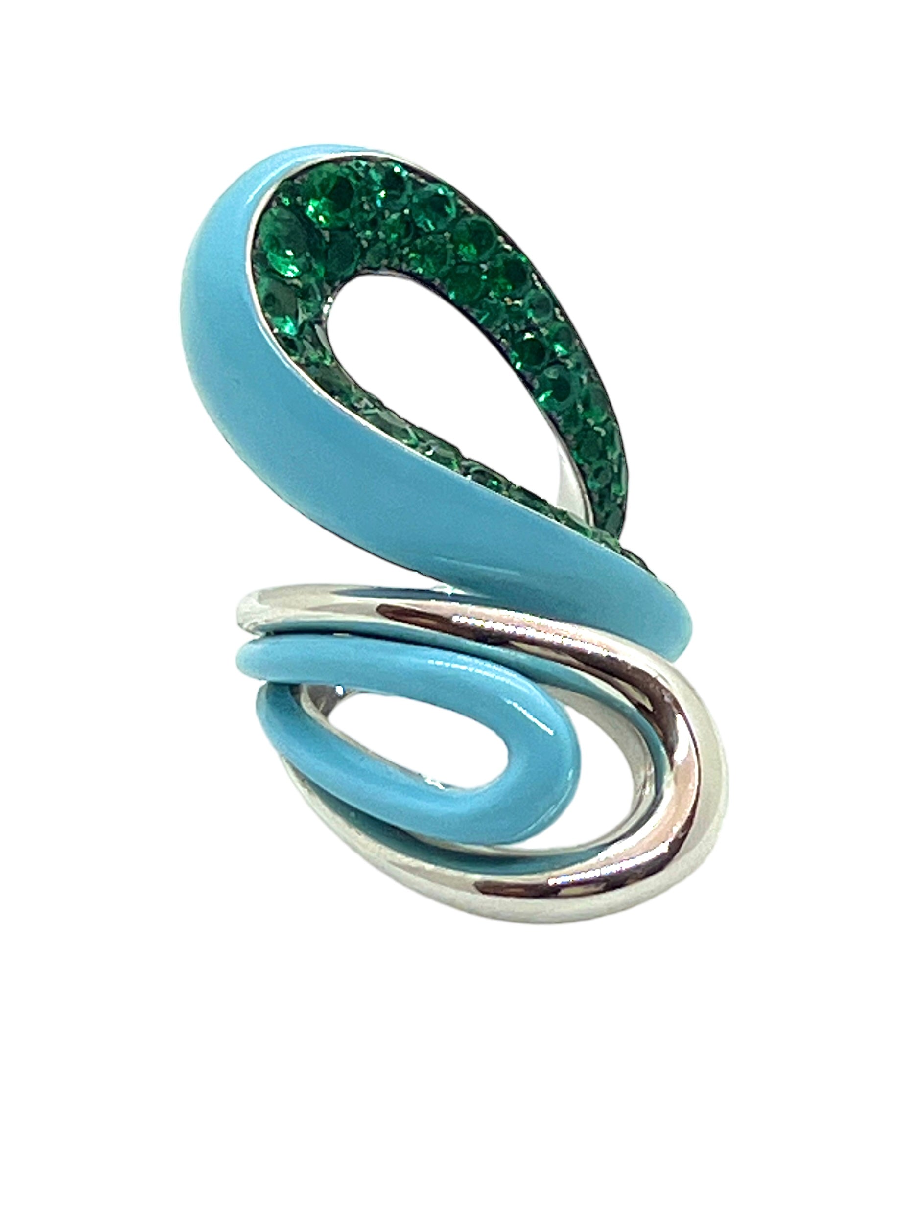 Fawaz Gruosi, palladium-plated white gold, emerald and turquoise ceramic ring