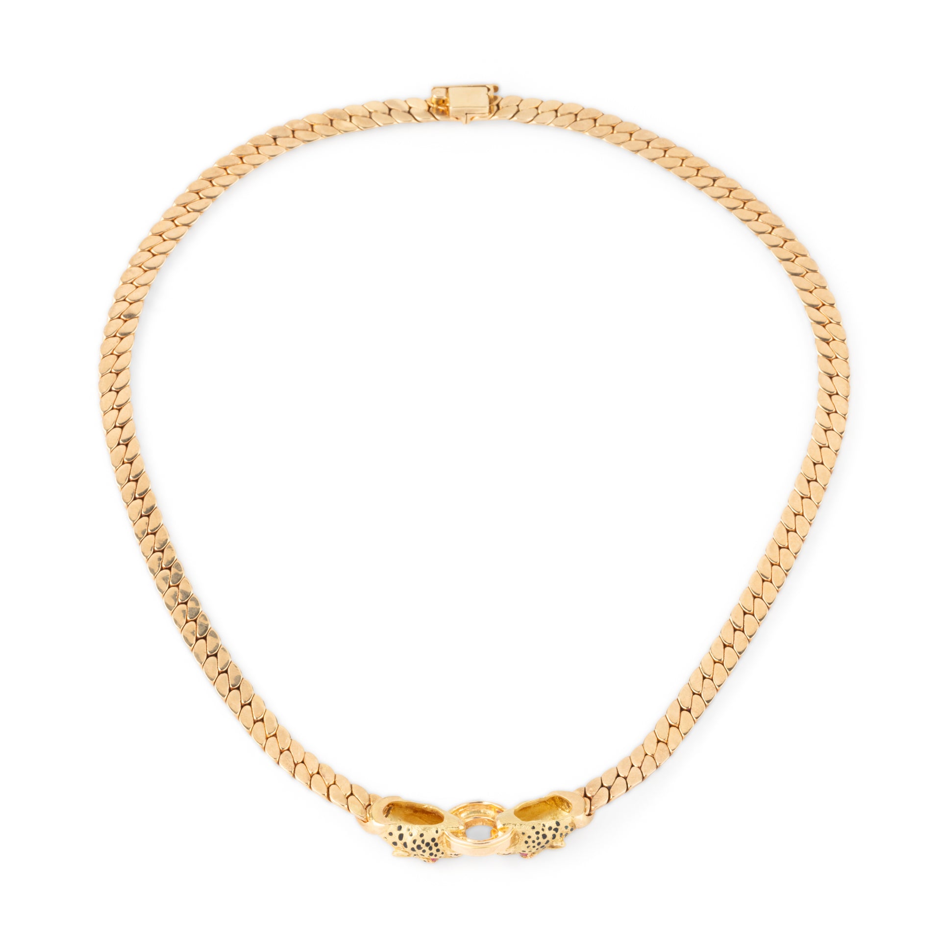 Gay Freres, Panther Head Necklace, English mesh, gold, enamel and ruby