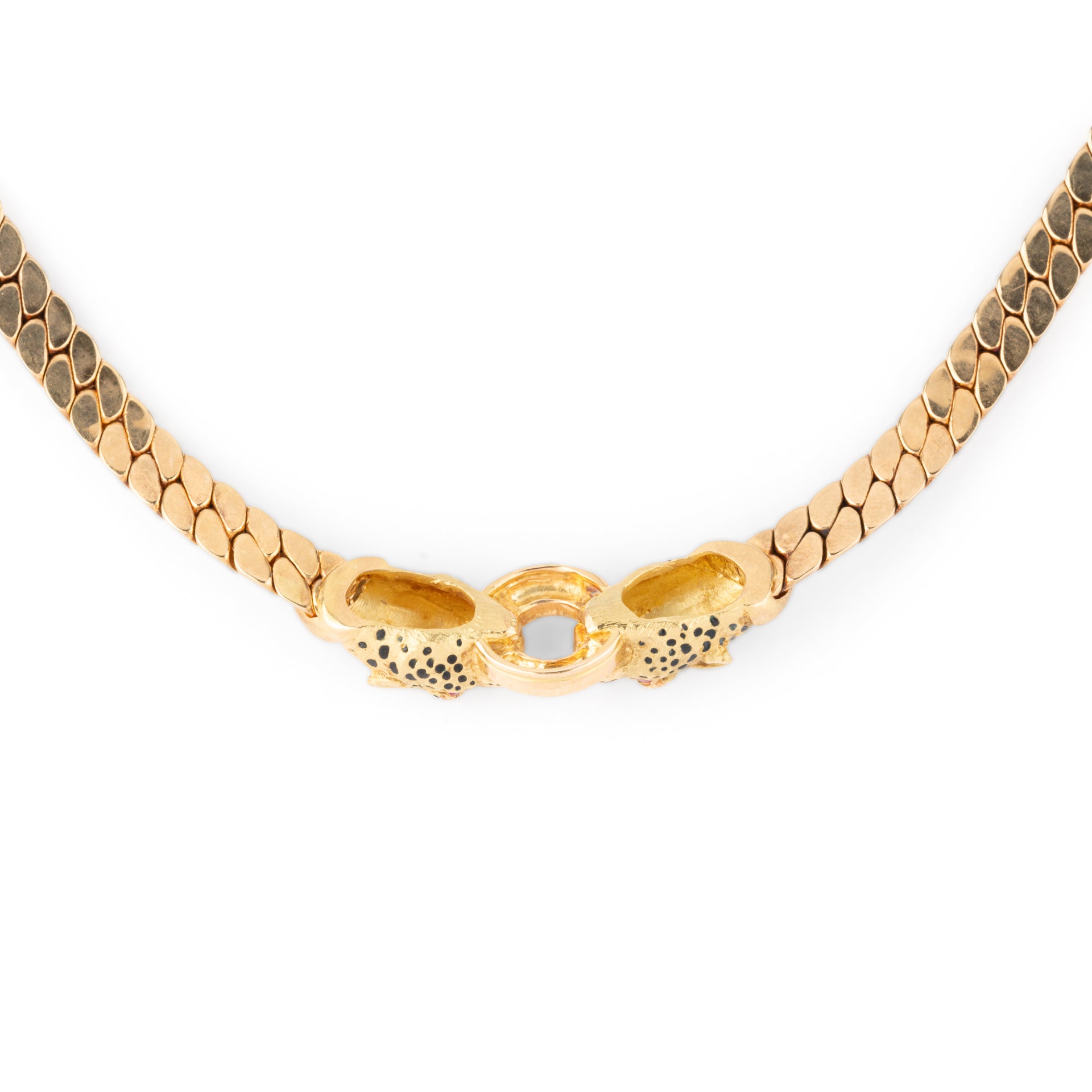 Gay Freres, Panther Head Necklace, English mesh, gold, enamel and ruby