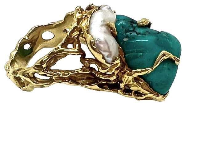 Gilbert Albert, Sculptural Ring, Turquoise, Baroque Pearl, Diamonds