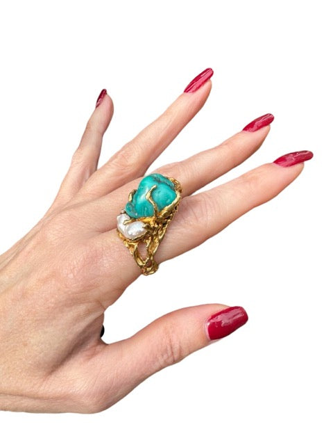 Gilbert Albert, Sculptural Ring, Turquoise, Baroque Pearl, Diamonds