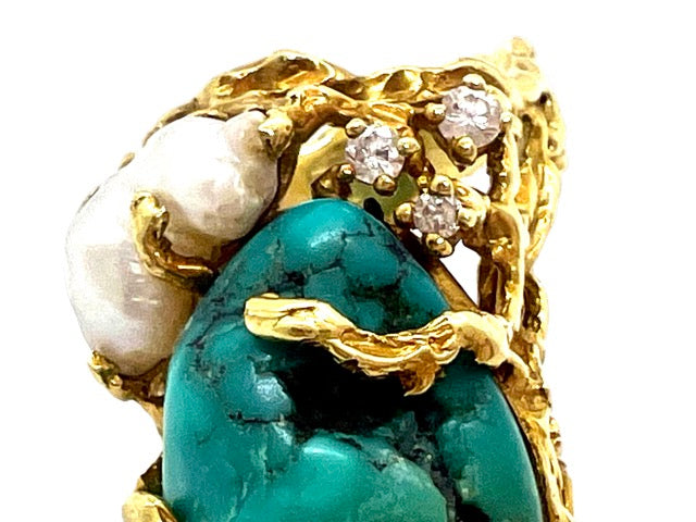 Gilbert Albert, Sculptural Ring, Turquoise, Baroque Pearl, Diamonds