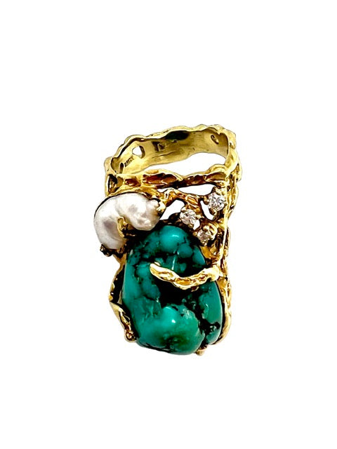 Gilbert Albert, Sculptural Ring, Turquoise, Baroque Pearl, Diamonds