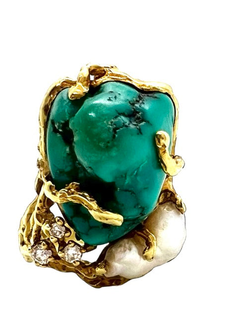 Gilbert Albert, Sculptural Ring, Turquoise, Baroque Pearl, Diamonds