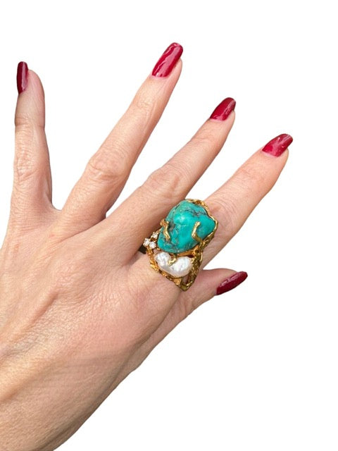 Gilbert Albert, Sculptural Ring, Turquoise, Baroque Pearl, Diamonds