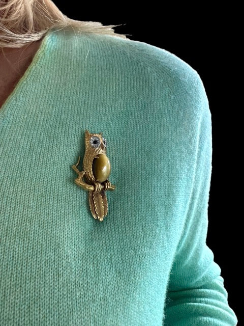 Hermes, Vintage Owl Brooch, Gold, Diamonds and Chrysoberyl