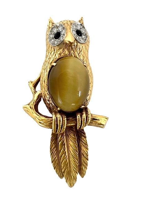 Hermes, Vintage Owl Brooch, Gold, Diamonds and Chrysoberyl