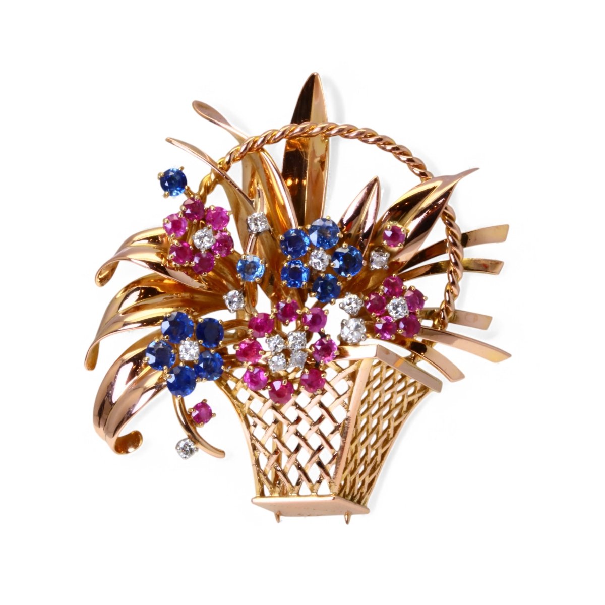 MAUBOUSSIN Broche clips jardinière en or, diamants, saphir et rubis. - Maison Eloe