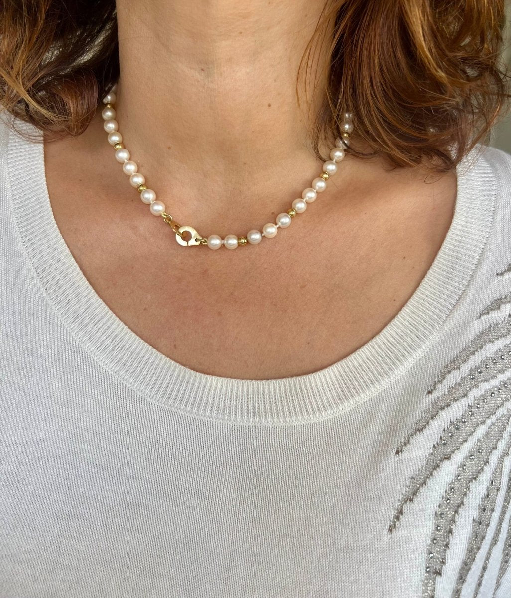 Dinh Van Collier perles Akoya et boules d'or fermoir menottes - Maison Eloe