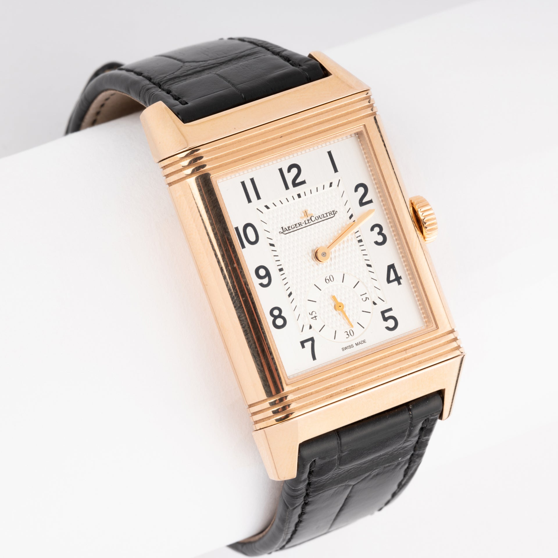 Montre Jaeger LeCoultre Reverso Duoface en or rose sur cuir full set