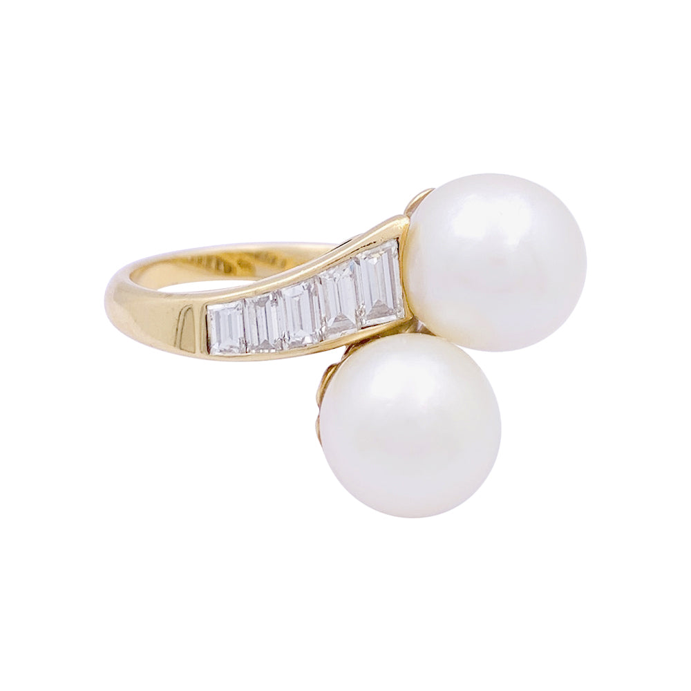 Mauboussin vintage pearl ring, yellow gold, diamonds.