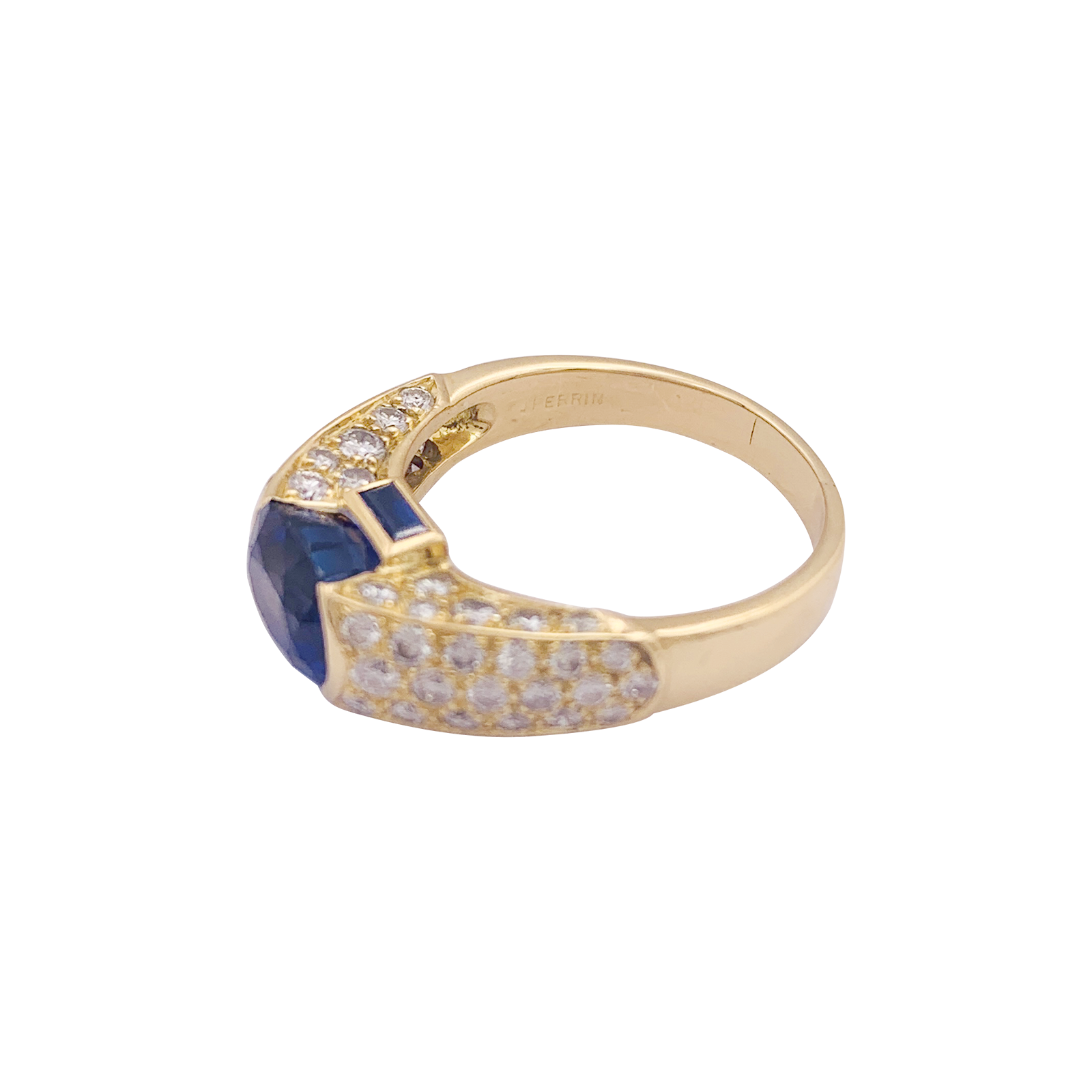 Vintage OJ Perrin ring in yellow gold, diamonds, sapphires.