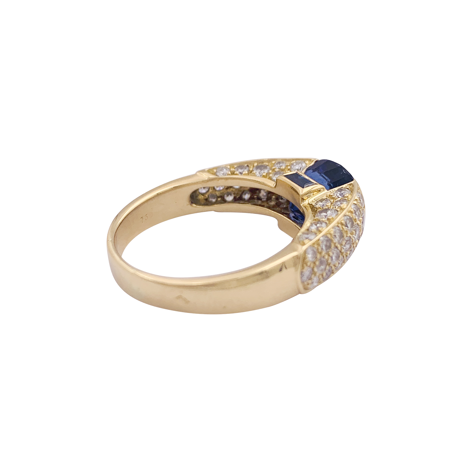 Vintage OJ Perrin ring in yellow gold, diamonds, sapphires.