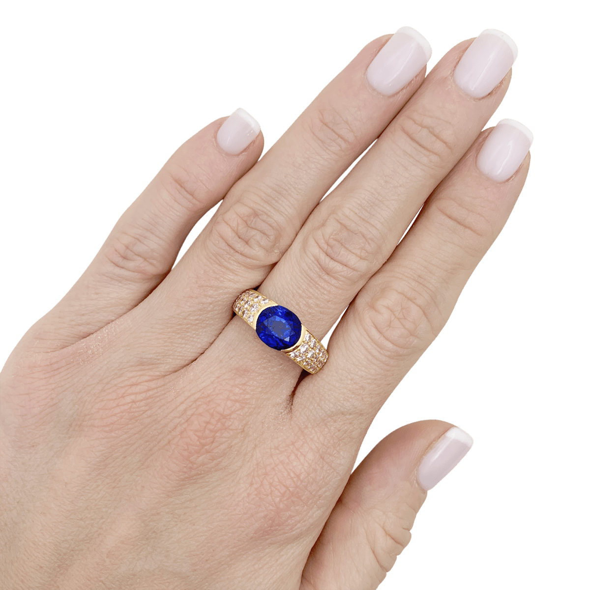 Bague vintage O.J. Perrin or jaune, diamants, saphirs. - Maison Eloe