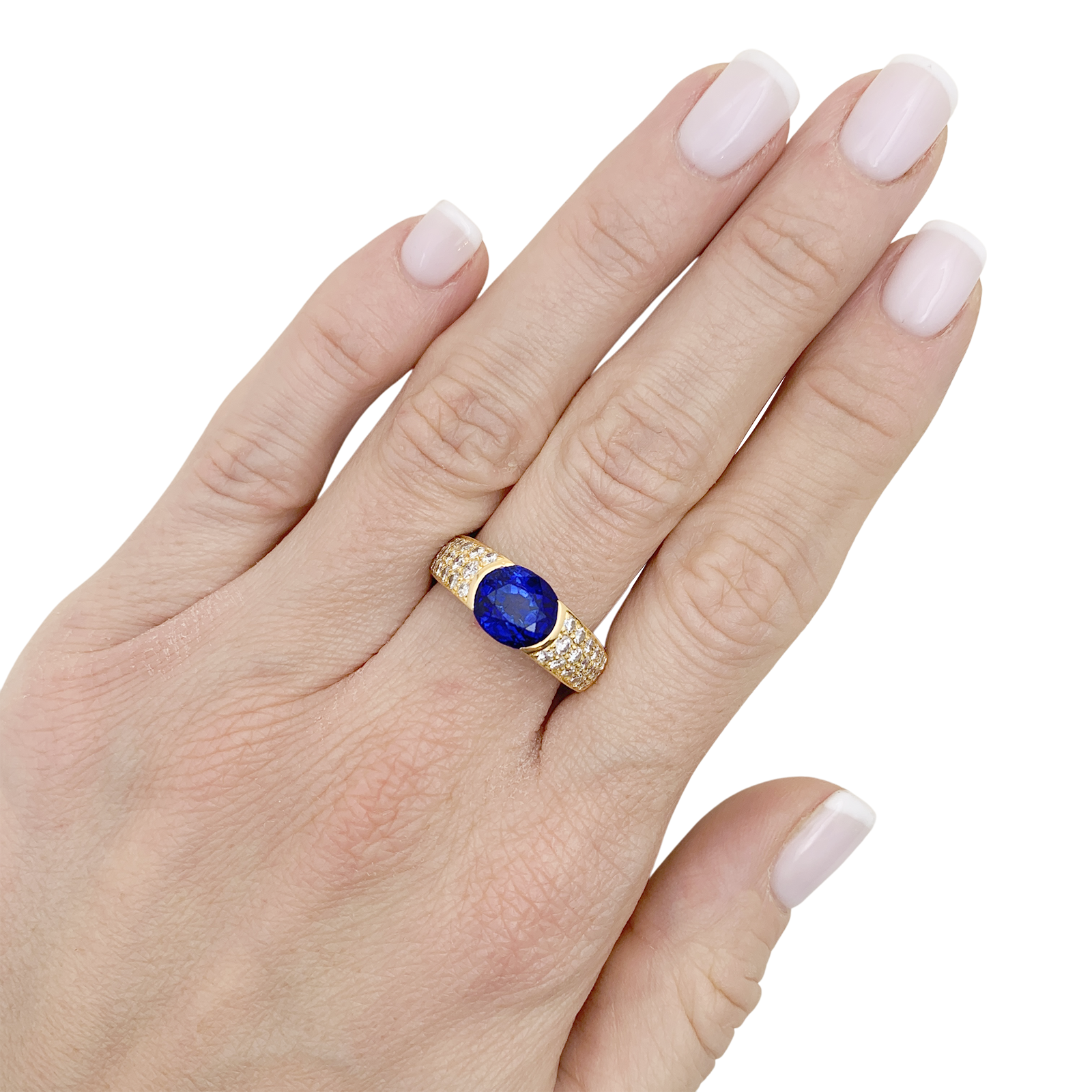 Vintage OJ Perrin ring in yellow gold, diamonds, sapphires.