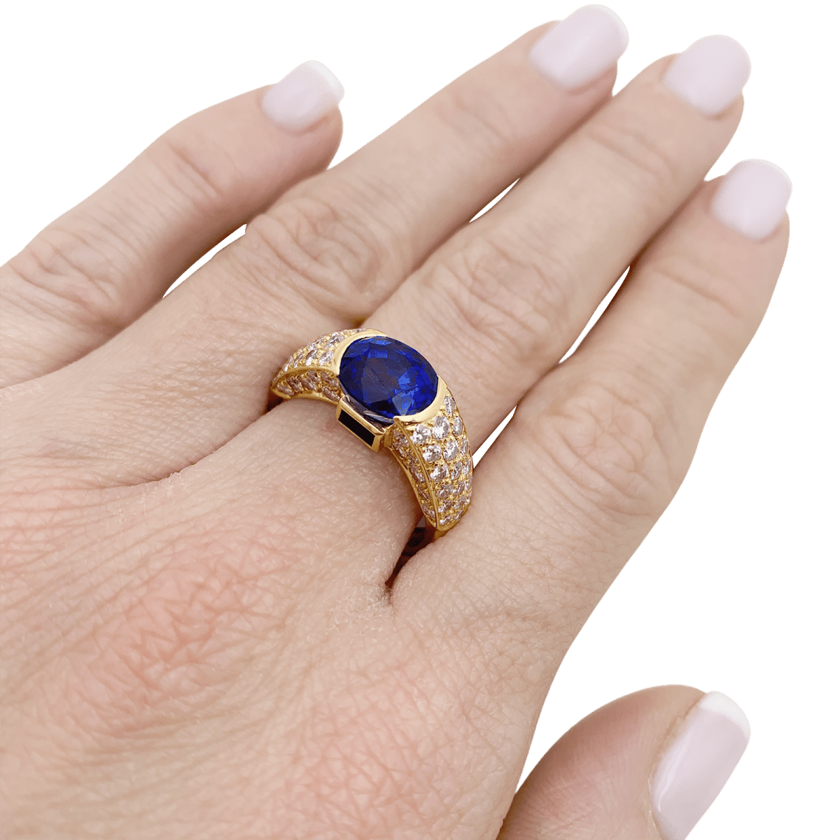 Bague vintage O.J. Perrin or jaune, diamants, saphirs. - Maison Eloe