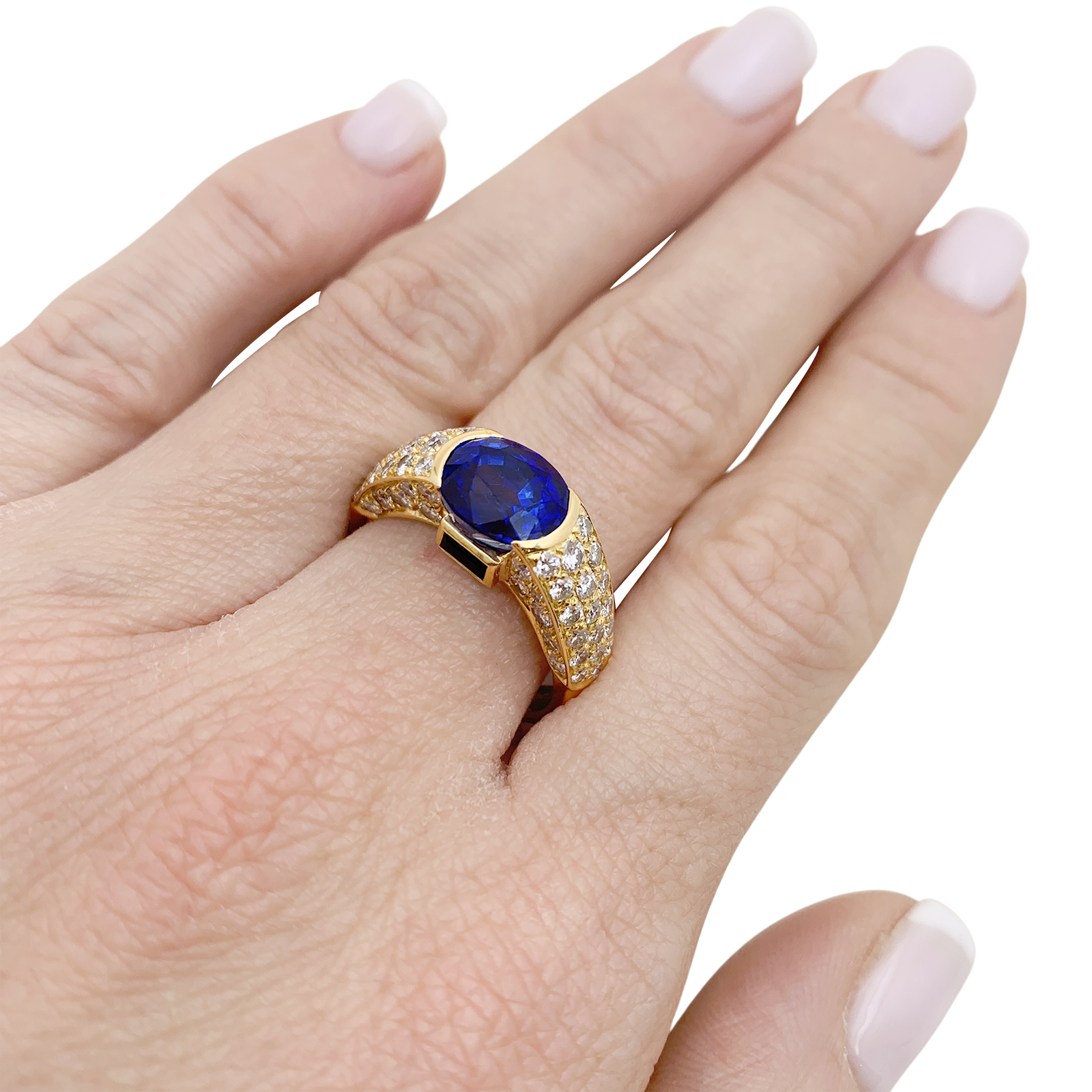 Vintage OJ Perrin ring in yellow gold, diamonds, sapphires.