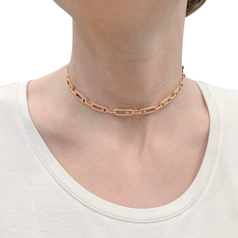 Messika necklace, “Choker Move Link Multi”, pink gold, diamonds.