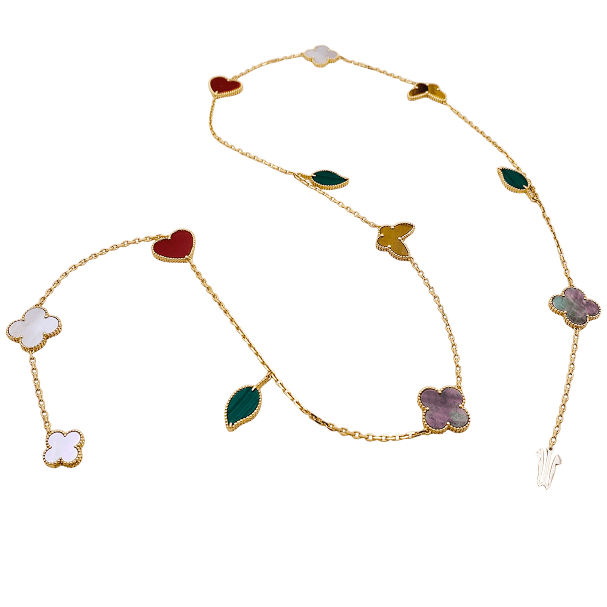 Collier - Sautoir Van Cleef & Arpels, "Lucky Alhambra", or jaune, cornaline, malachite, oeil de tigre, nacre. - Maison Eloe