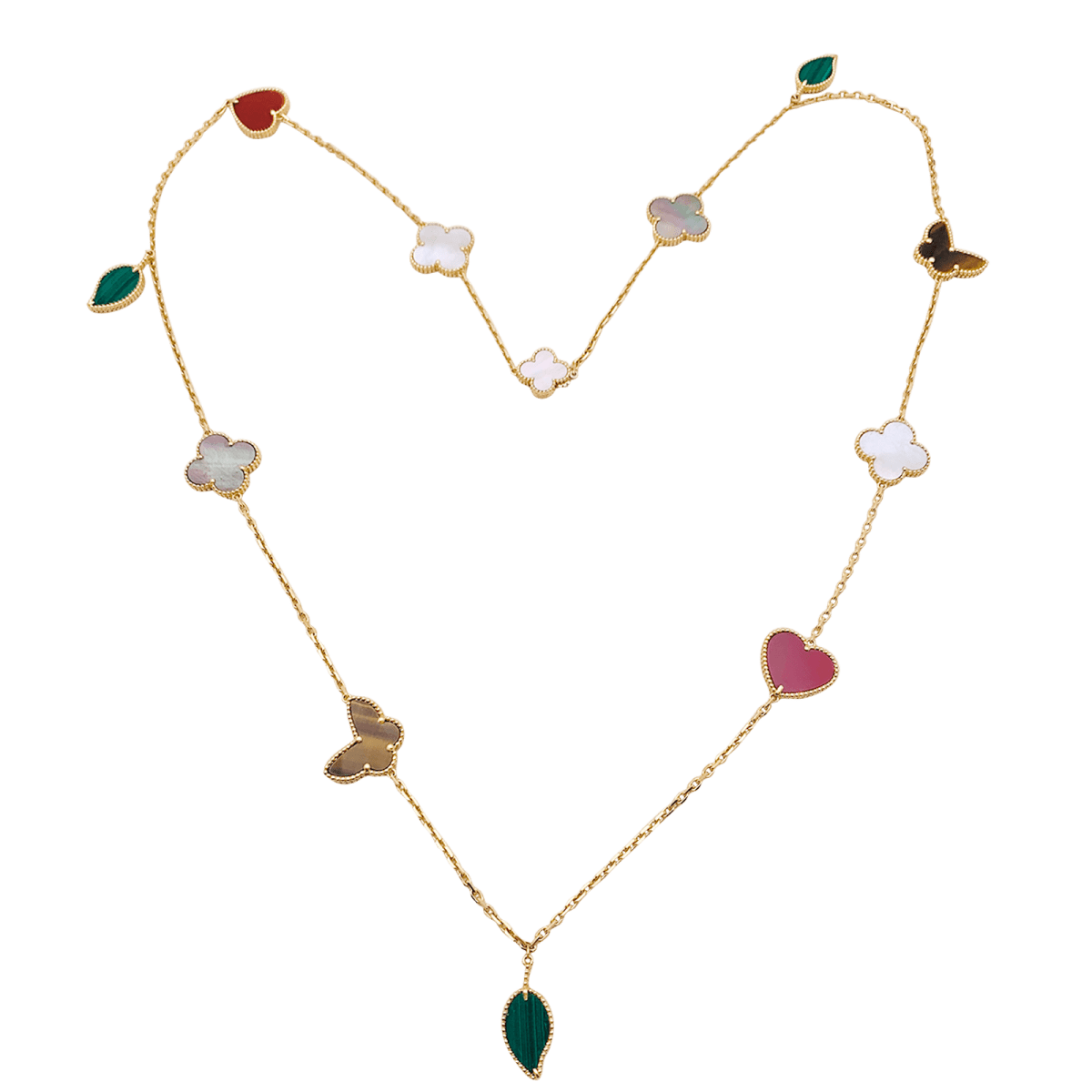 Collier - Sautoir Van Cleef & Arpels, "Lucky Alhambra", or jaune, cornaline, malachite, oeil de tigre, nacre. - Maison Eloe