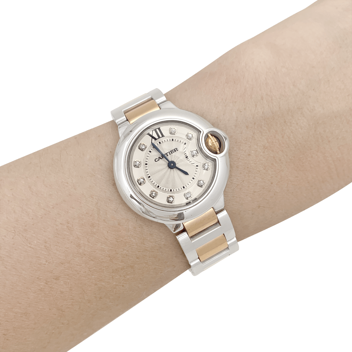 Montre Cartier, "Ballon Bleu de Cartier", acier, or rose, diamants. - Maison Eloe