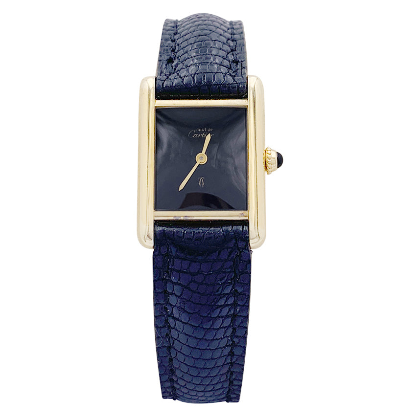 Cartier "Tank Must" watch, gold-plated silver, black lacquered dial.