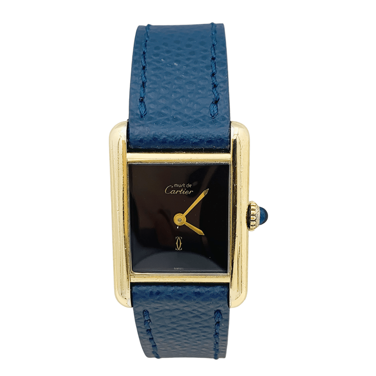 Montre Cartier, "Tank Must", argent plaqué or, cadran laqué noir. - Maison Eloe