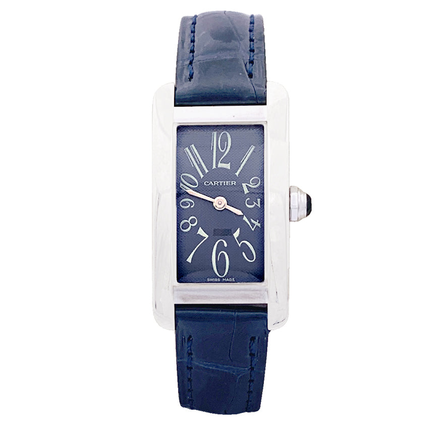 Cartier "American Tank" watch, white gold, leather strap.