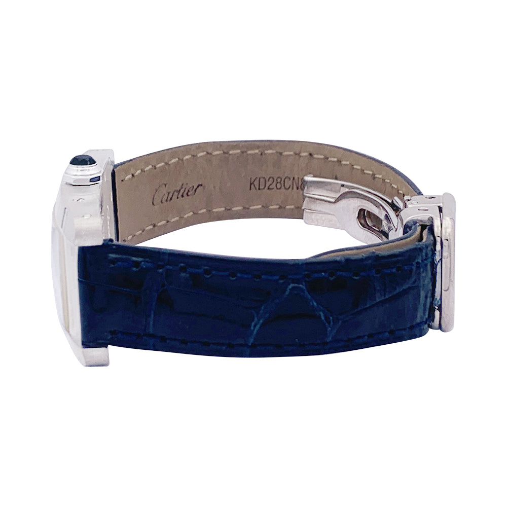 Cartier "American Tank" watch, white gold, leather strap.