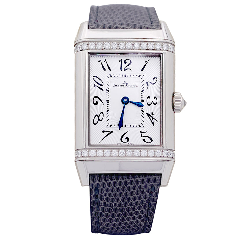 Montre Jaeger-LeCoultre, "Reverso Duetto", en or blanc et diamants.