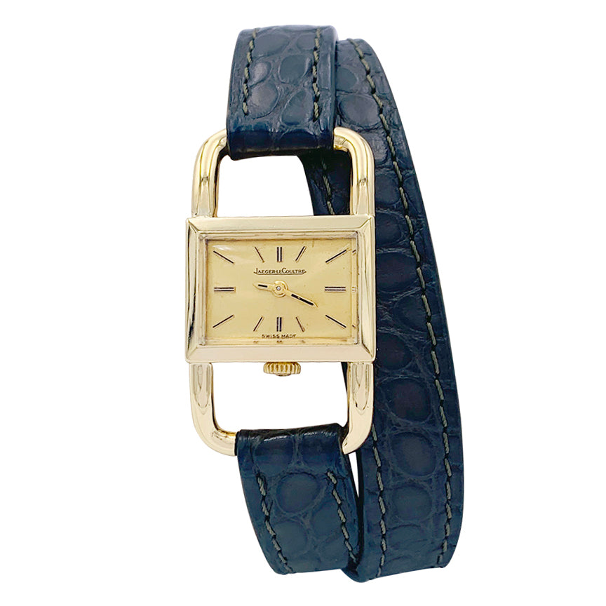 Montre Jaeger-Lecoultre, "Etrier", or jaune, cuir.