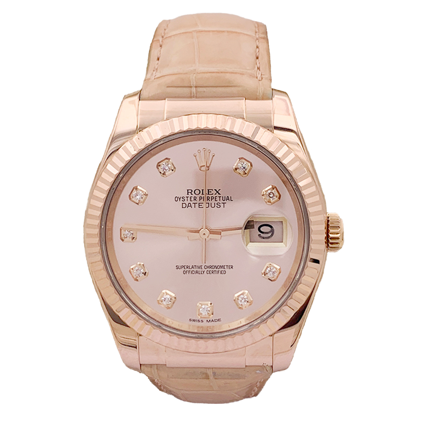 Montre Rolex, "Datejust" or rose, diamants, cuir.